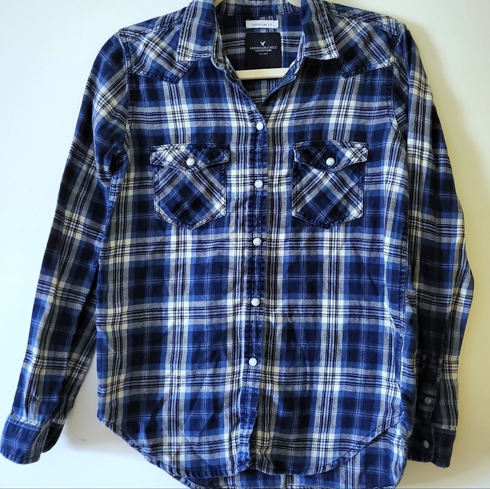 American Eagle Blue Plaid Western Style Button Down